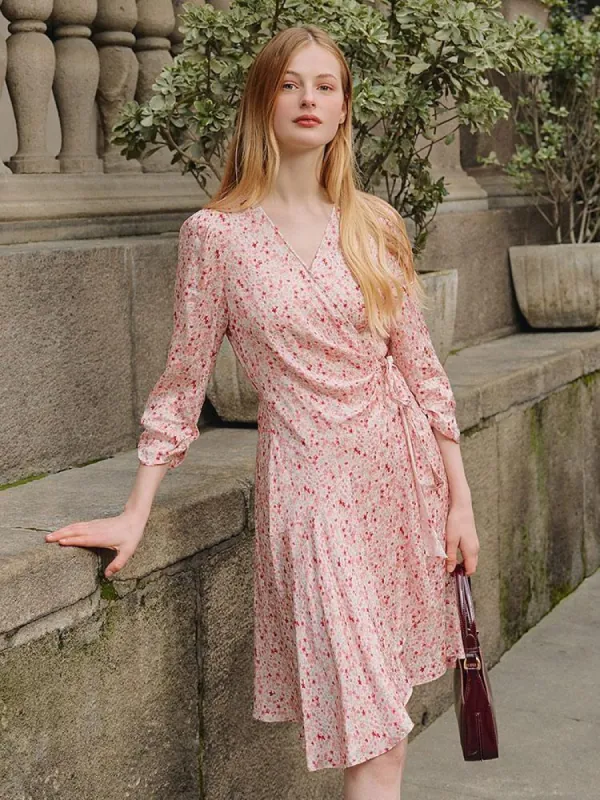 Pink Floral Hidden Button Wrap Mini Dress sold by Goelia