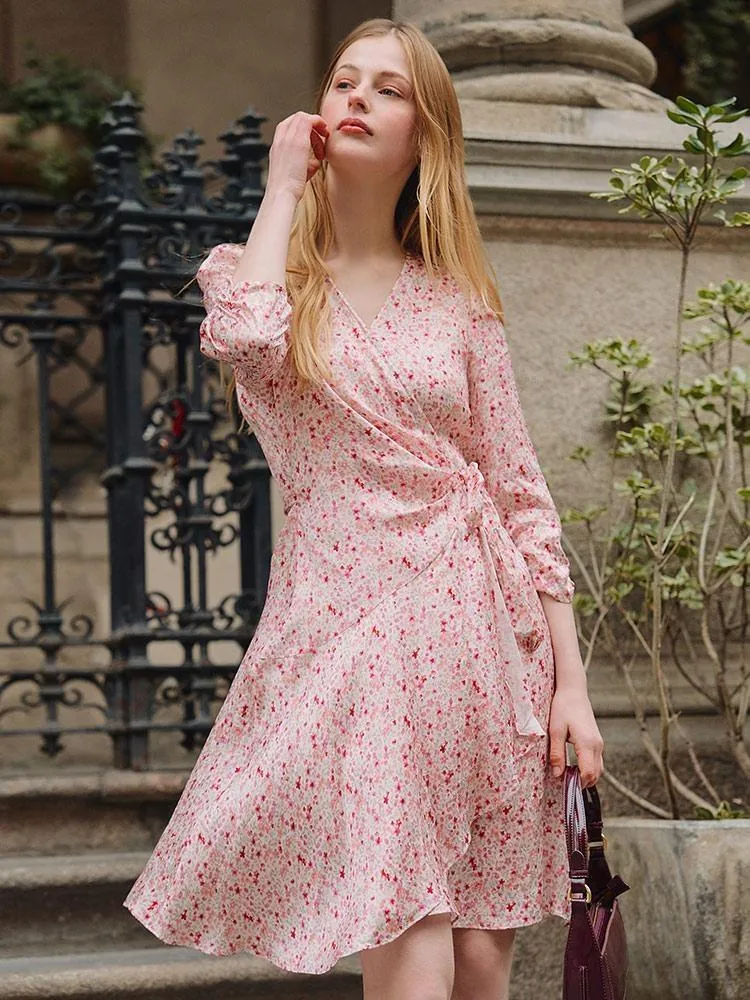 Pink Floral Hidden Button Wrap Mini Dress sold by Goelia product image thumbnail 2