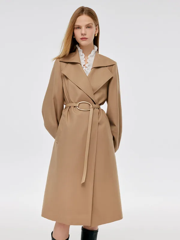 Worsted Wool Lantern Sleeve Women Trench Coat With Leather Belt sold by Goelia