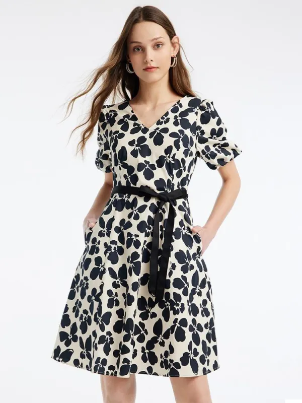 Floral Lantern Sleeve A-Line Mini Dress sold by Goelia