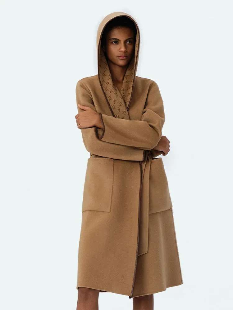 Pure Wool Reversible Hooded Print Women Coat sold by Goelia