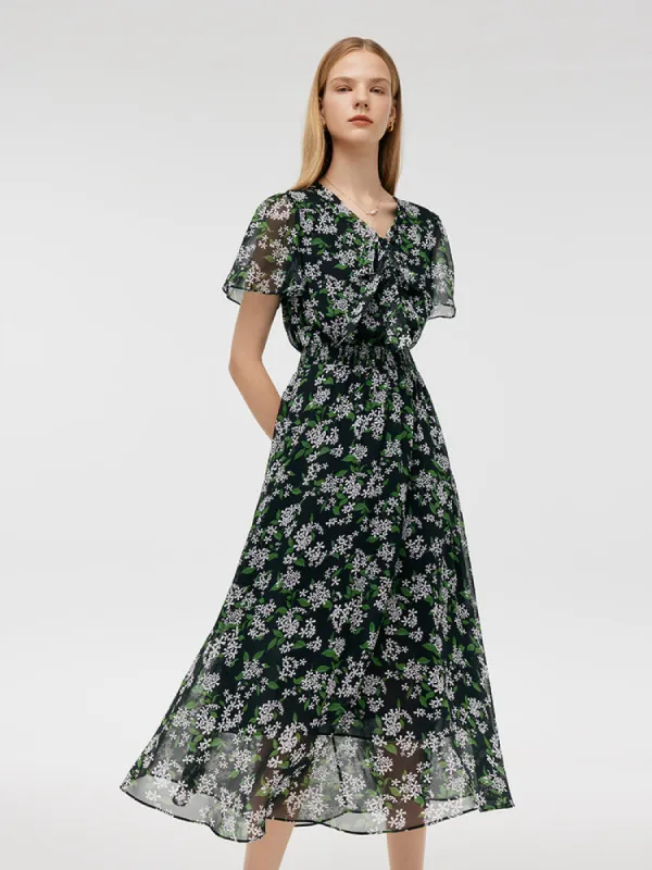 10 Momme Mulberry Silk Floral Print Bow Tie Neck Women Midi Dress sold by Goelia
