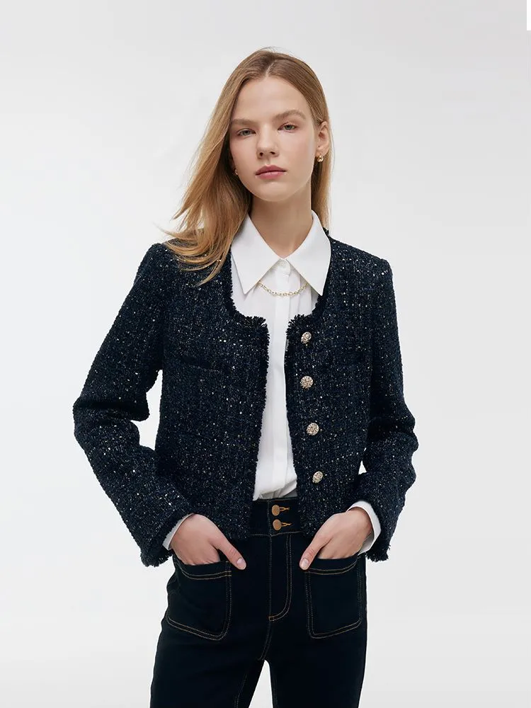 Wool Blend Tweed Square Neck Women Crop Jacket sold by Goelia