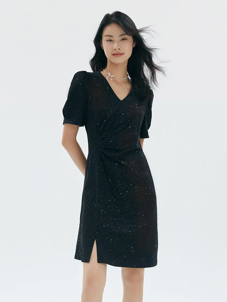 Black V-Neck Asymmetrical Pleated Mini Dress sold by Goelia product image thumbnail 4