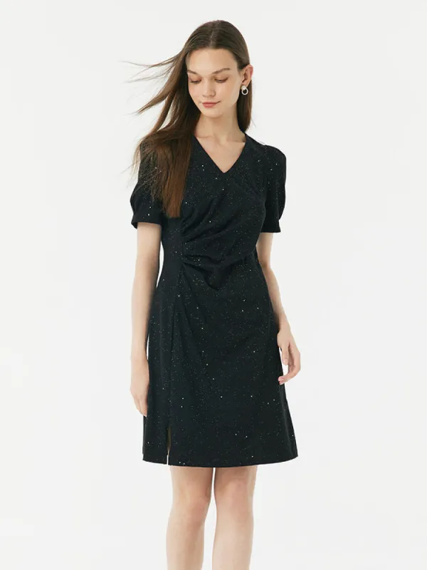 Black V-Neck Asymmetrical Pleated Mini Dress sold by Goelia