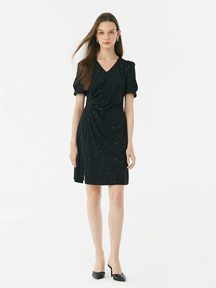 Black V-Neck Asymmetrical Pleated Mini Dress sold by Goelia product image thumbnail 3
