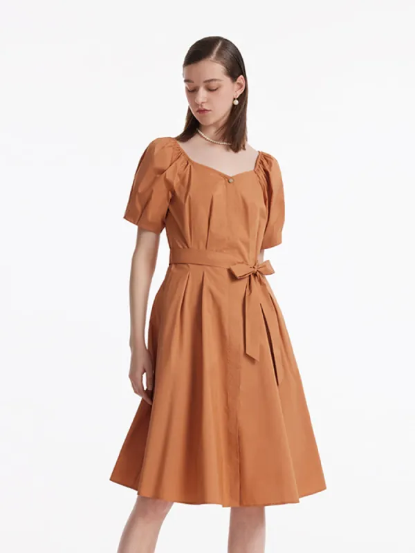 Puff Sleeves Square Neck Women Midi Dress With Belt sold by Goelia