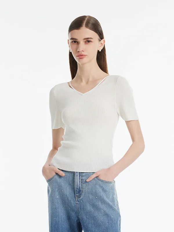 Tencel-Silk Blend Cut-out Neck Women Knitted Top sold by Goelia