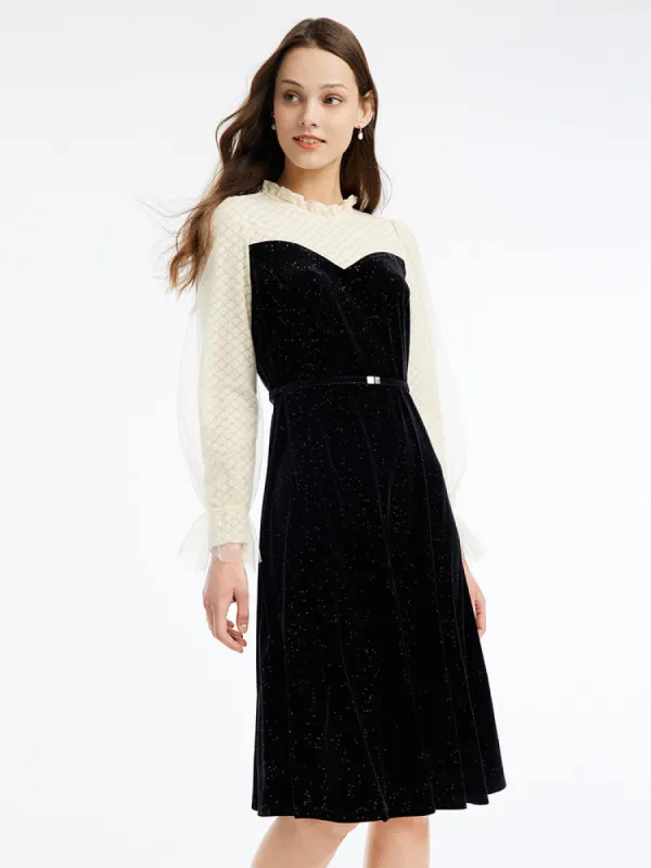 Velvet Patchwork Color Block Midi Collared Dress sold by Goelia