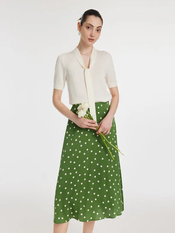 Bow Tie Neck Knit Top And Mulberry Silk Polka Dots Print Half Skirt Two-Piece Set sold by Goelia