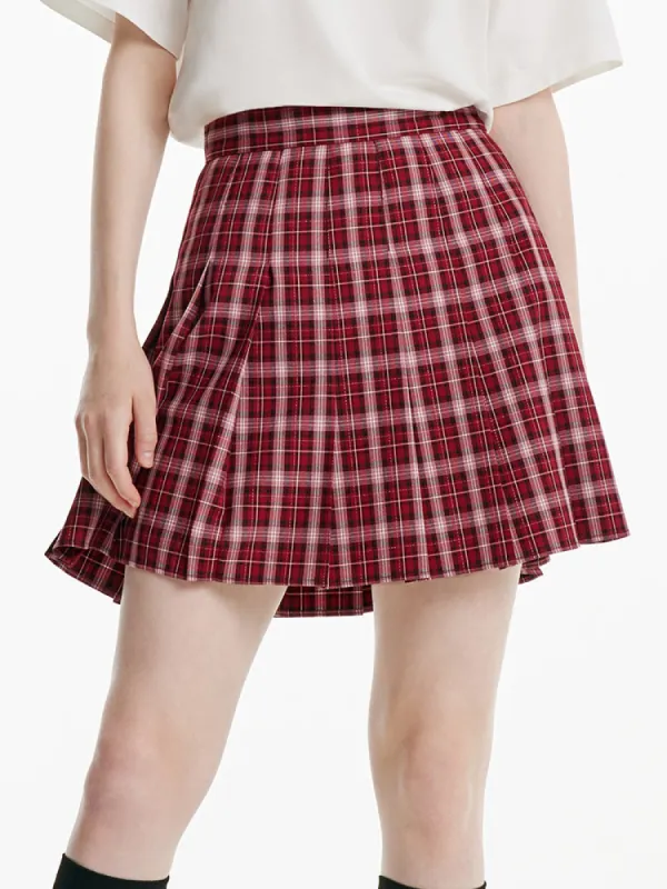 Red Plaid Pleated Skirt made by Goelia
