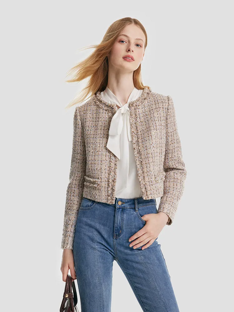 Tweed Frayed Women Crop Jacket sold by Goelia