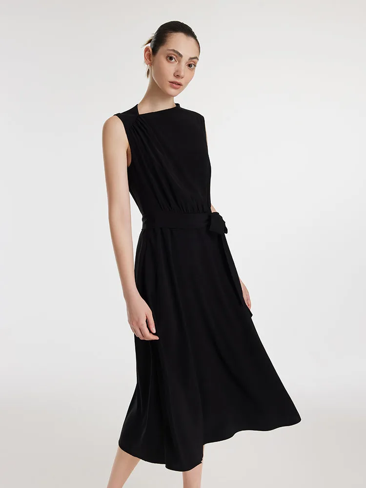 Triacetate Gathered Waist Asymmetric Neck Women Midi Dress sold by Goelia