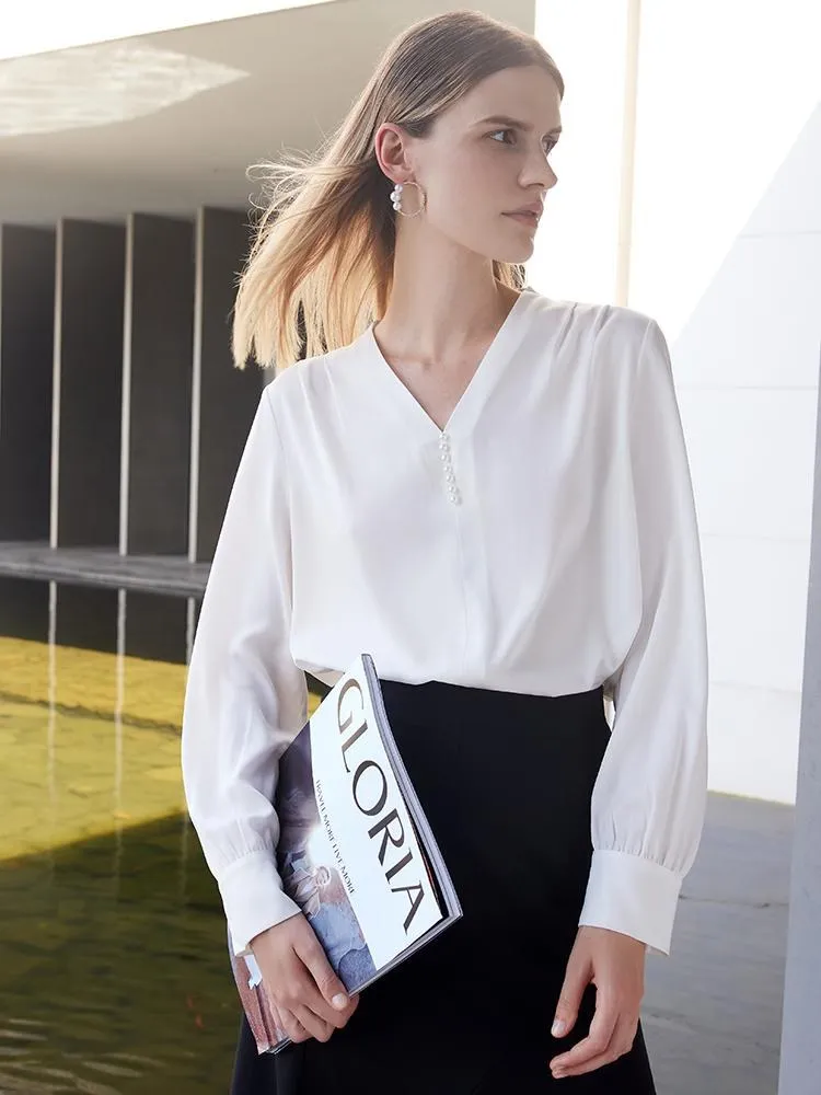 White Acetate V-Neck Women Blouse sold by Goelia product image thumbnail 5