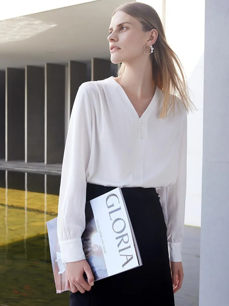 White Acetate V-Neck Women Blouse sold by Goelia product image thumbnail 2