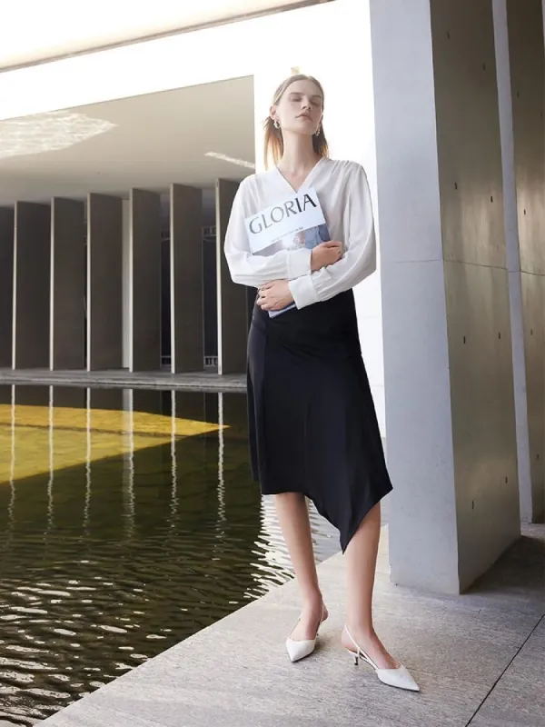 White Acetate V-Neck Women Blouse sold by Goelia