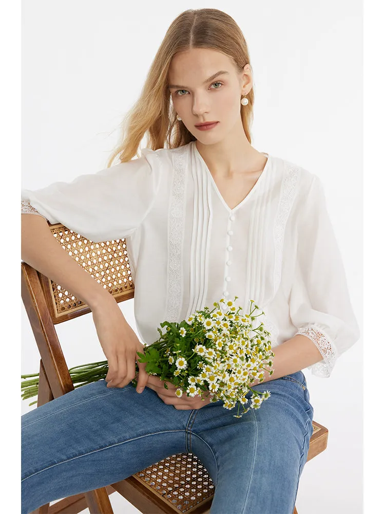 Acetate V-Neck Lace Trim Women Blouse sold by Goelia