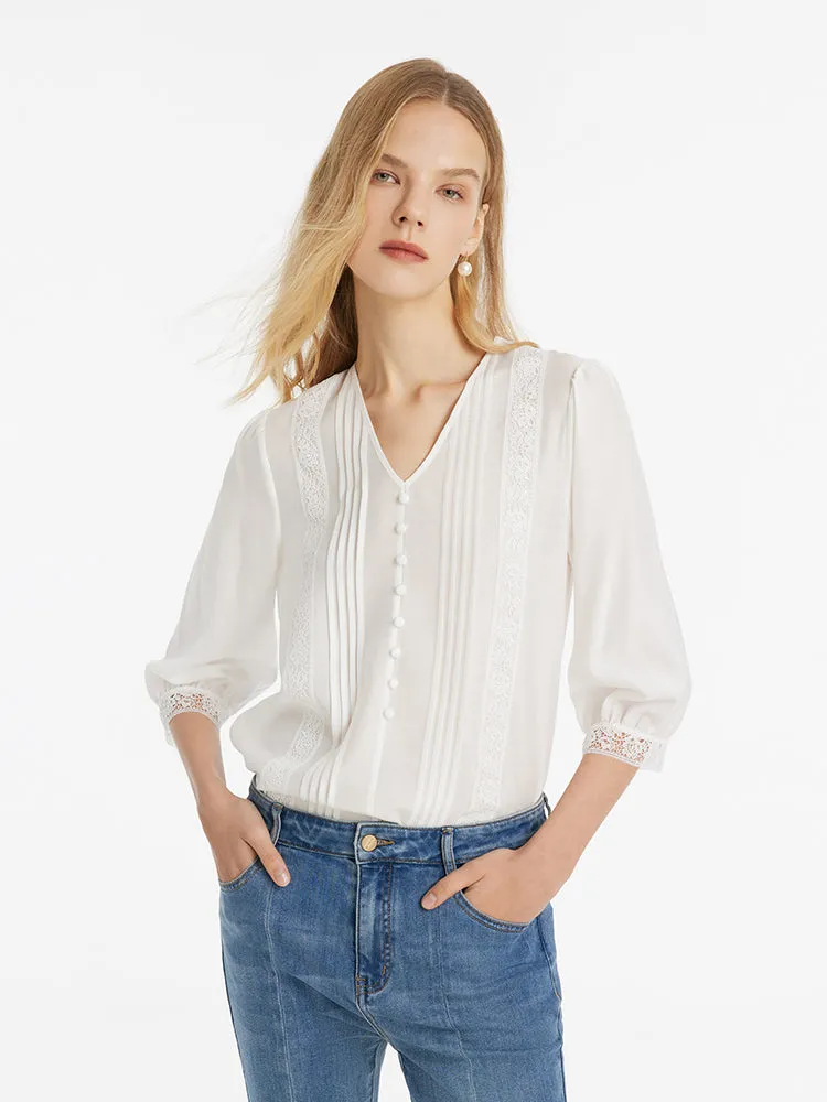 Acetate V-Neck Lace Trim Women Blouse sold by Goelia product image thumbnail 4