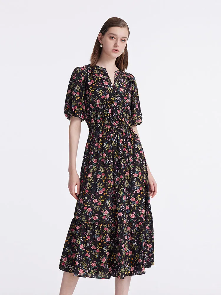 Mulberry Silk Rose Print V-Neck Puff Sleeves Women Midi Dress sold by Goelia product image thumbnail 5