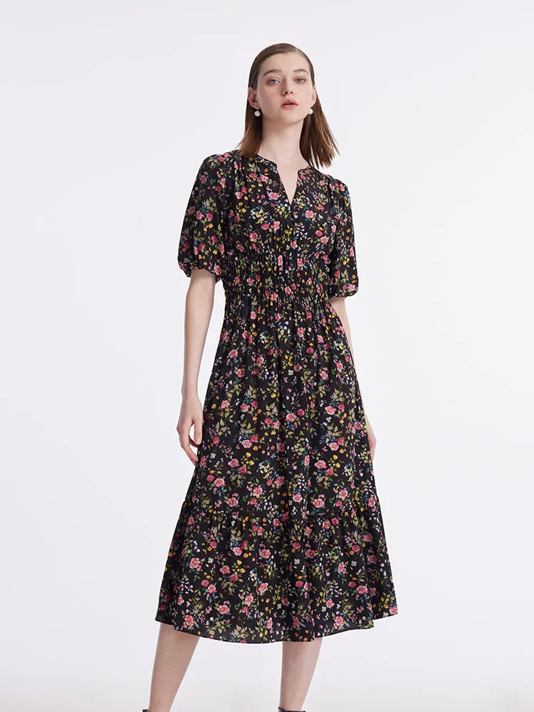 Mulberry Silk Rose Print V-Neck Puff Sleeves Women Midi Dress sold by Goelia