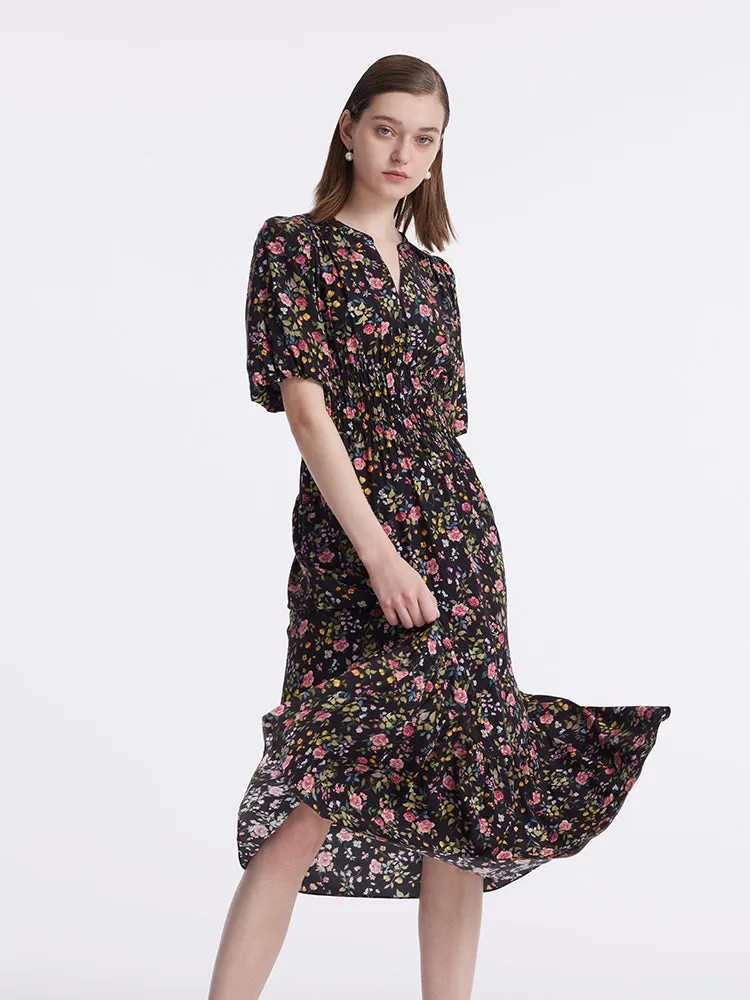 Mulberry Silk Rose Print V-Neck Puff Sleeves Women Midi Dress sold by Goelia product image thumbnail 4