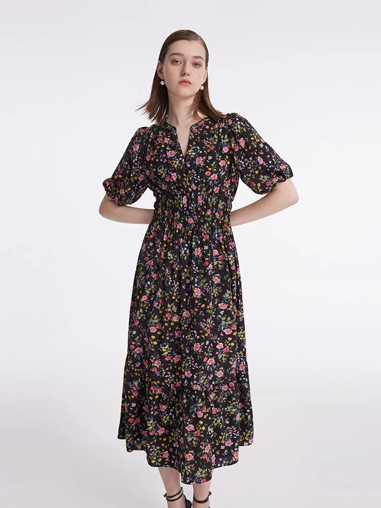 Mulberry Silk Rose Print V-Neck Puff Sleeves Women Midi Dress sold by Goelia product image thumbnail 3