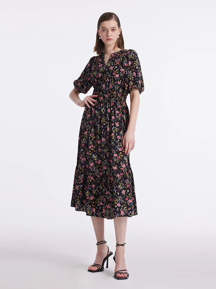 Mulberry Silk Rose Print V-Neck Puff Sleeves Women Midi Dress sold by Goelia product image thumbnail 2