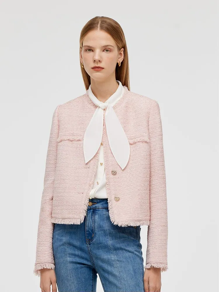 Tweed Collarless Women Crop Jacket sold by Goelia