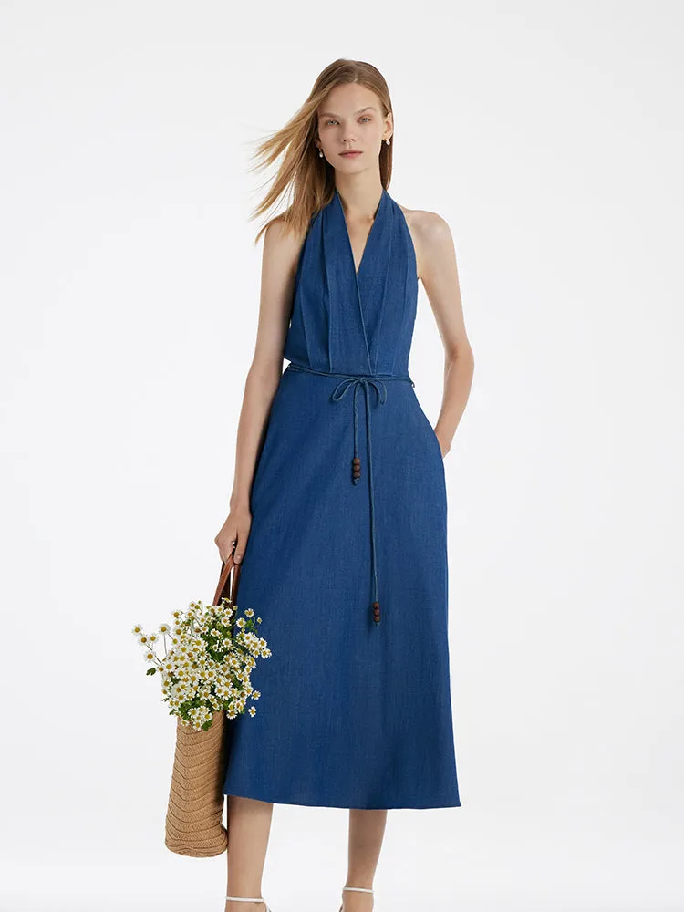 Denim Halter Women Midi Dress With Rope Belt sold by Goelia