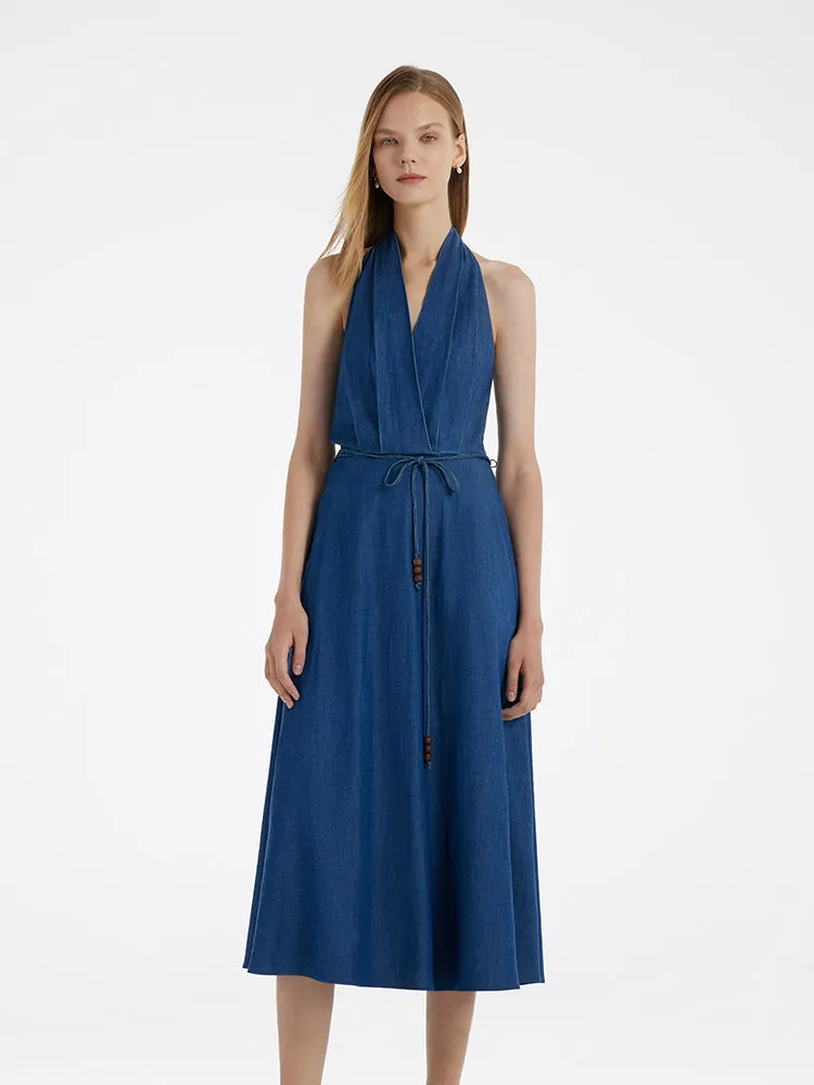 Denim Halter Women Midi Dress With Rope Belt sold by Goelia product image thumbnail 3