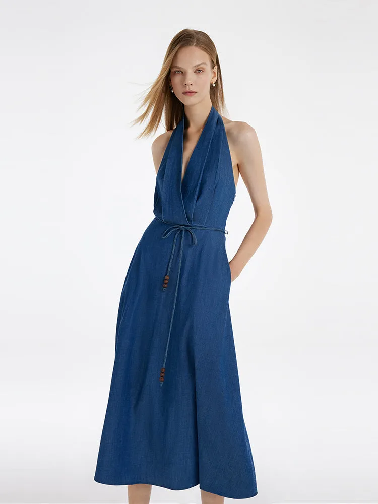 Denim Halter Women Midi Dress With Rope Belt sold by Goelia product image thumbnail 4