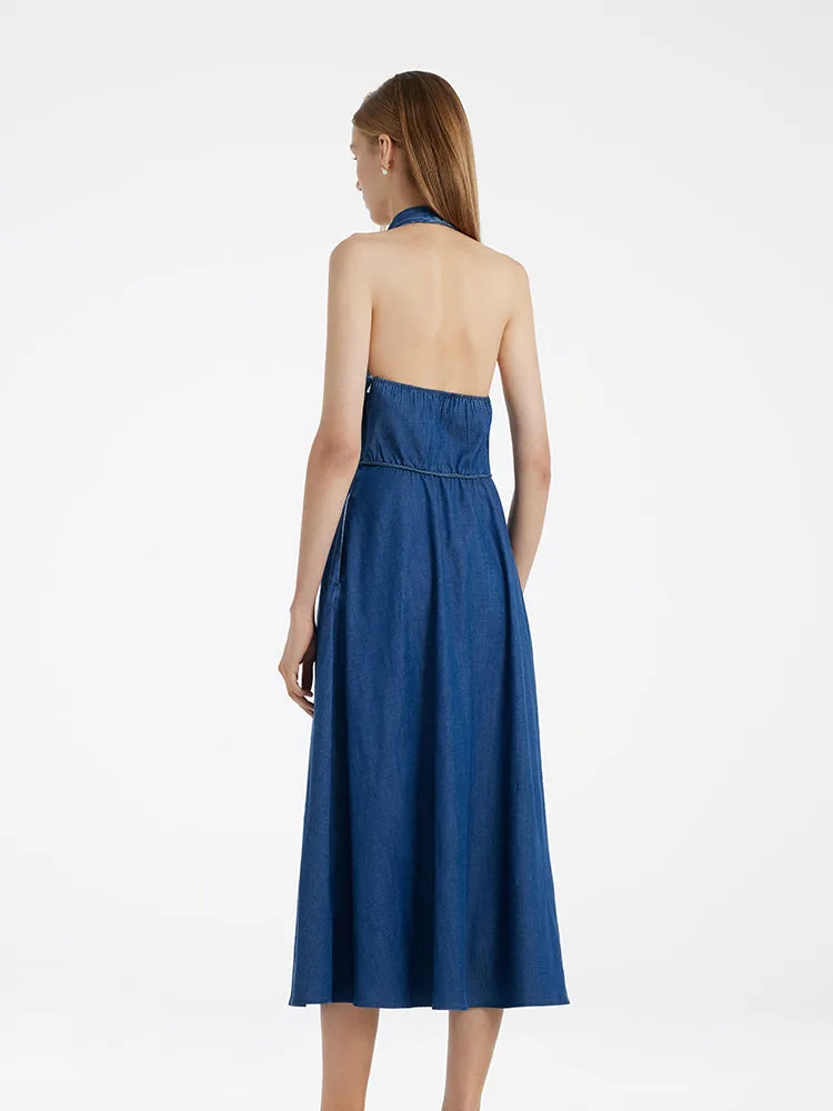 Denim Halter Women Midi Dress With Rope Belt sold by Goelia product image thumbnail 5