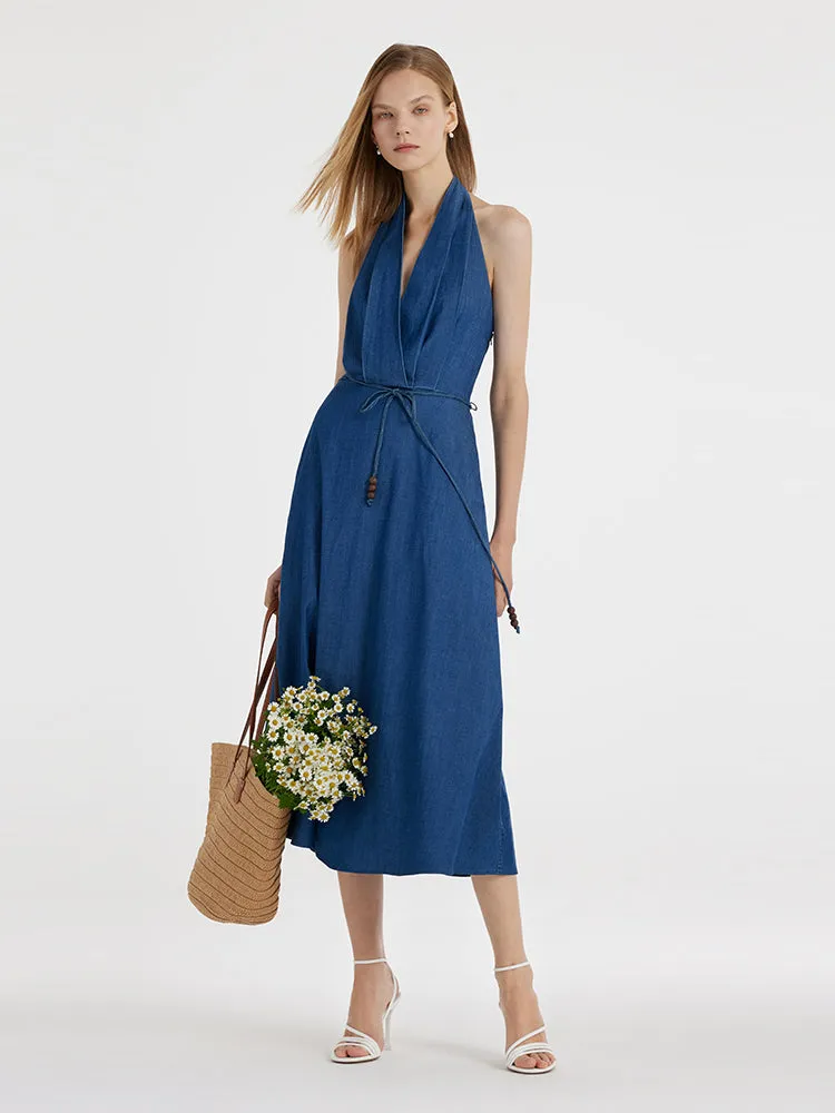 Denim Halter Women Midi Dress With Rope Belt sold by Goelia product image thumbnail 2