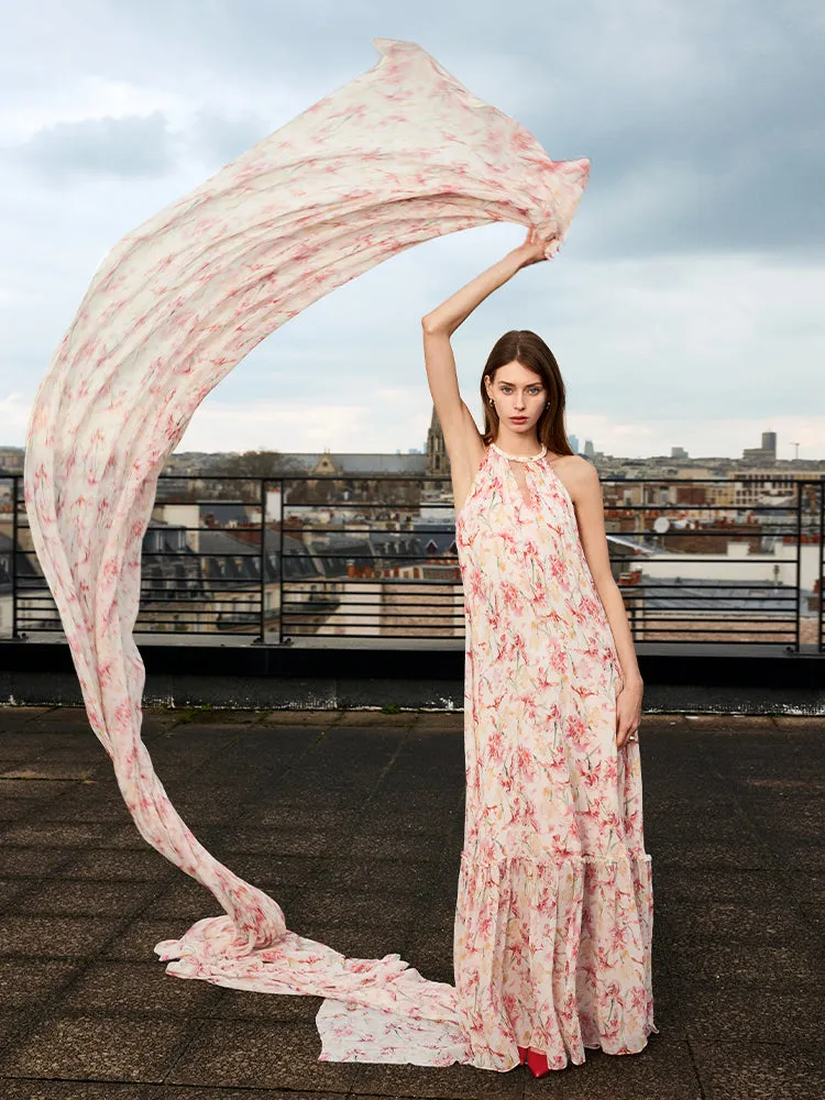 10 Momme Mulberry Silk Iris Print Halter Ruffle Women Maxi Dress sold by Goelia product image thumbnail 2