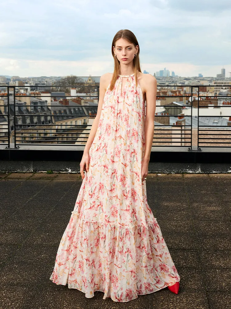 10 Momme Mulberry Silk Iris Print Halter Ruffle Women Maxi Dress sold by Goelia product image thumbnail 3