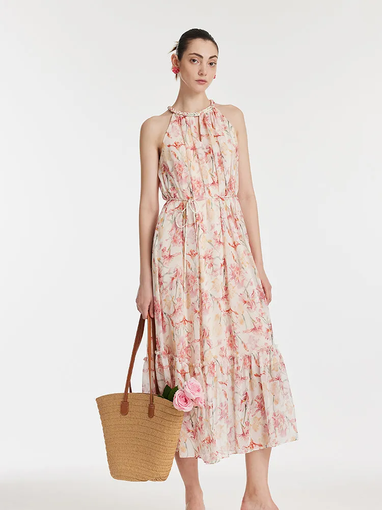 10 Momme Mulberry Silk Iris Print Halter Ruffle Women Maxi Dress sold by Goelia product image thumbnail 5