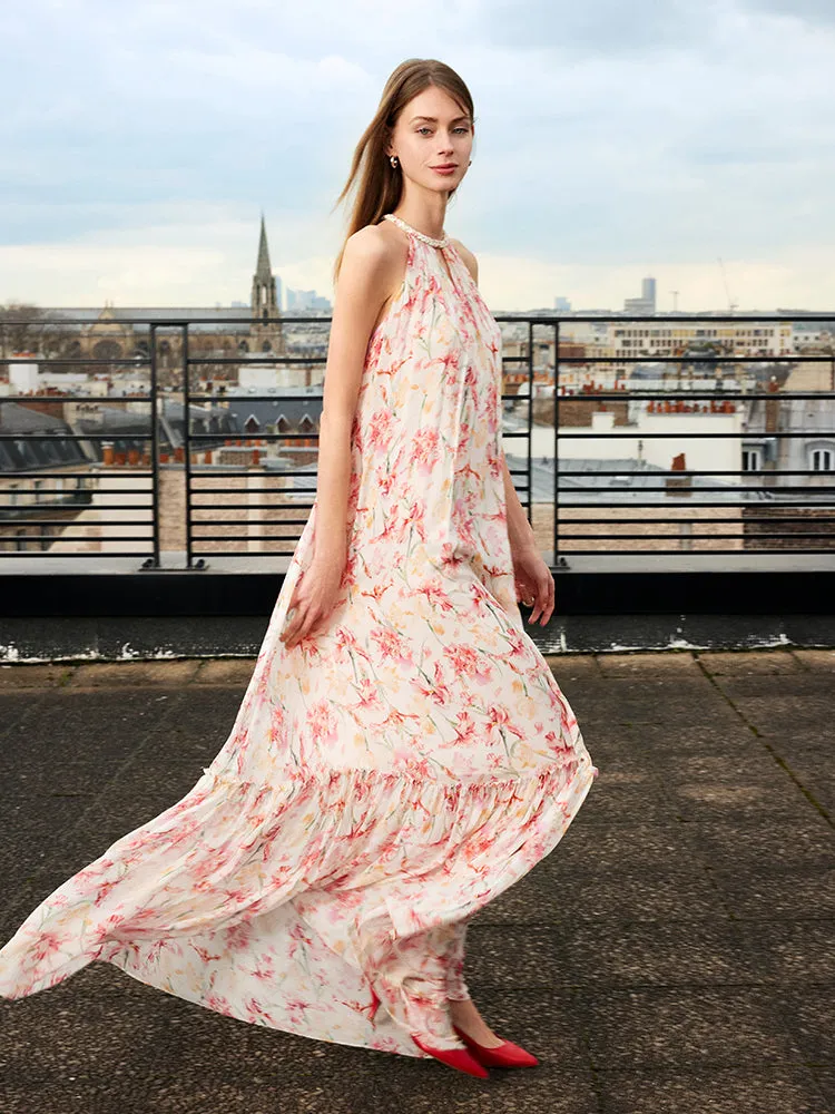 10 Momme Mulberry Silk Iris Print Halter Ruffle Women Maxi Dress sold by Goelia product image thumbnail 4