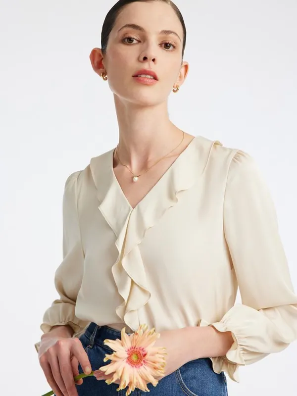 22 Momme Silk V-Neck Ruffled Women Blouse sold by Goelia