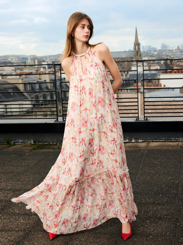 10 Momme Mulberry Silk Iris Print Halter Ruffle Women Maxi Dress sold by Goelia