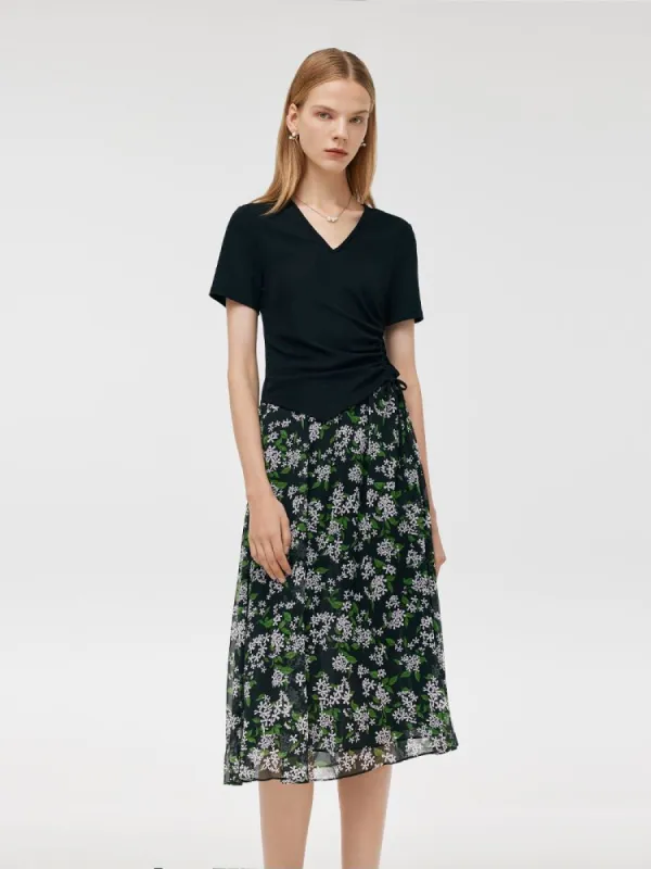 Drawstring Waist Knit Top And Print Skirt Two-Piece Set sold by Goelia