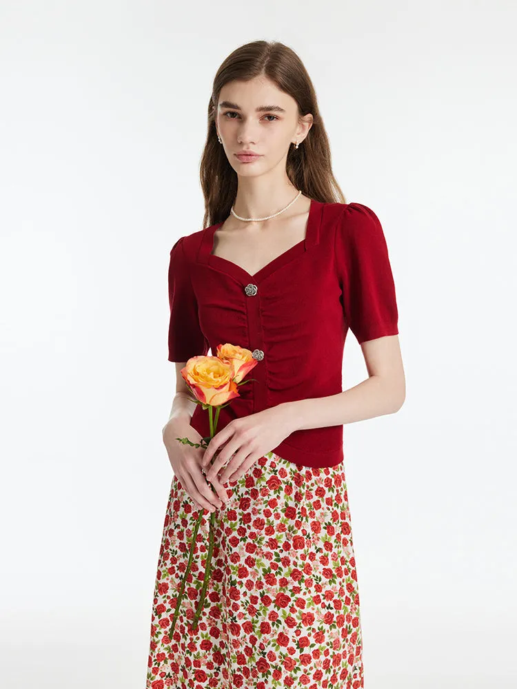 Tencel-Silk Blend Ruched Women Knit Top With Rose Shaped Button sold by Goelia product image thumbnail 3