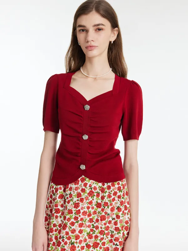 Tencel-Silk Blend Ruched Women Knit Top With Rose Shaped Button sold by Goelia