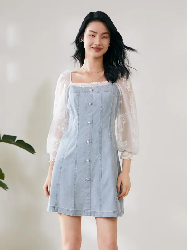 Puff Sleeve Square Neck Denim Mini Dress sold by Goelia