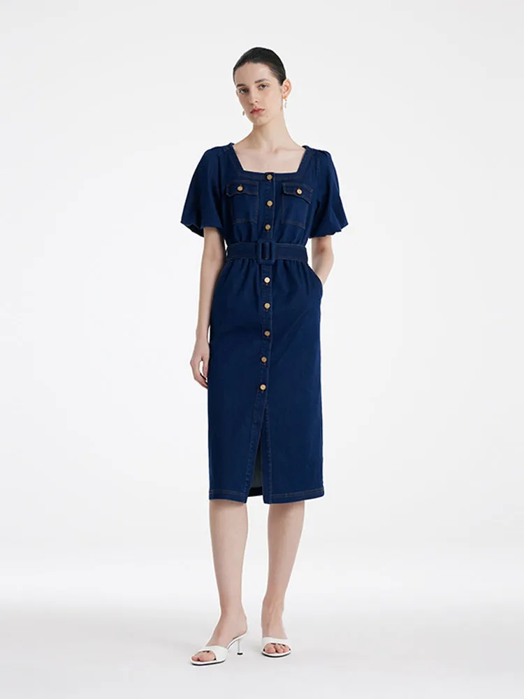 Puff Sleeves Square Neck Denim Women Midi Dress With Belt sold by Goelia product image thumbnail 2