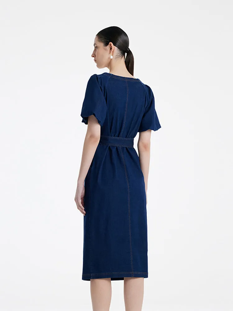 Puff Sleeves Square Neck Denim Women Midi Dress With Belt sold by Goelia product image thumbnail 5