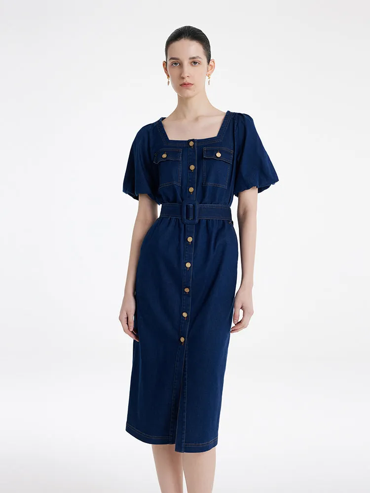 Puff Sleeves Square Neck Denim Women Midi Dress With Belt sold by Goelia product image thumbnail 3