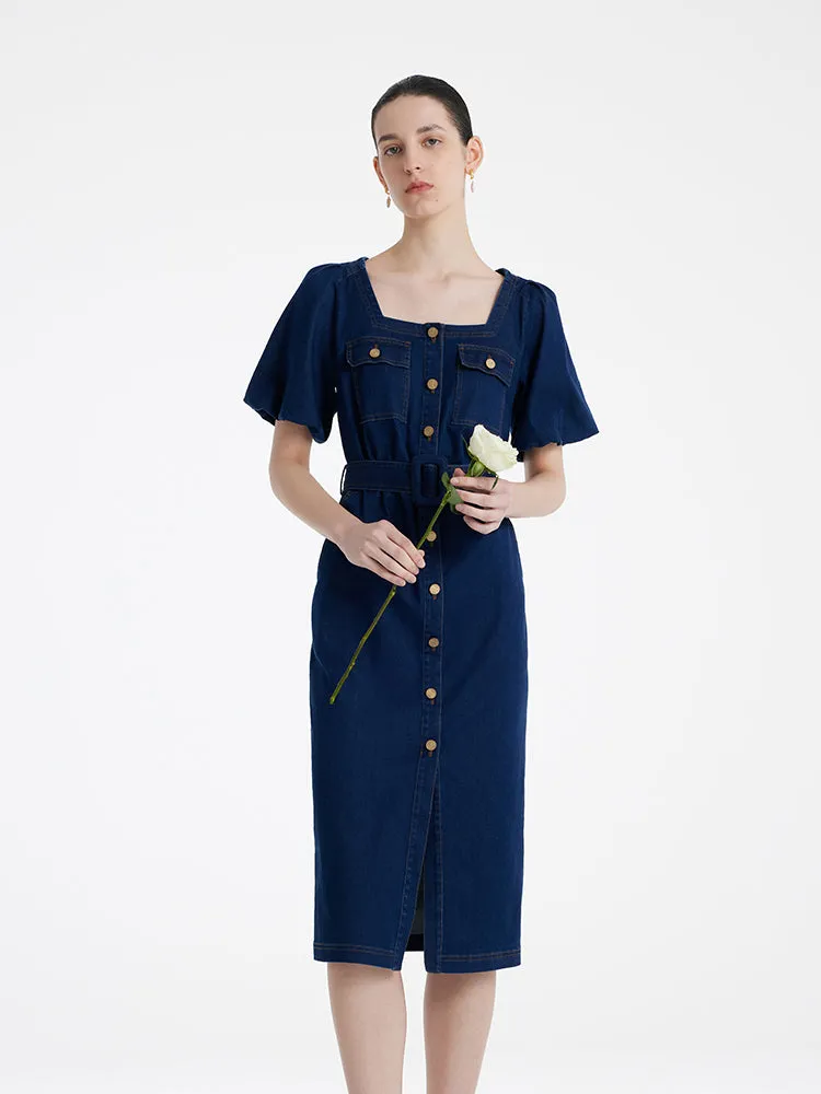 Puff Sleeves Square Neck Denim Women Midi Dress With Belt sold by Goelia product image thumbnail 4