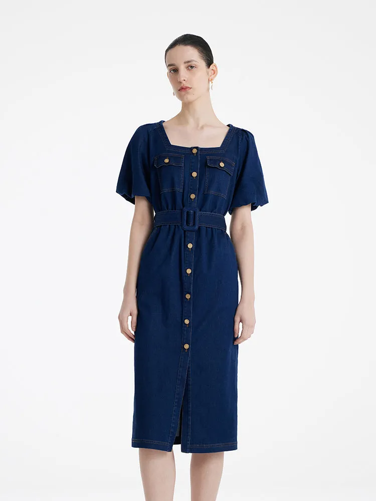 Puff Sleeves Square Neck Denim Women Midi Dress With Belt sold by Goelia