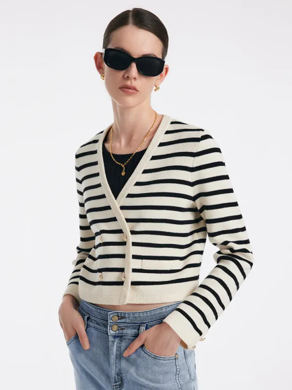 V-Neck Striped Double-Breasted Knitted Cardigan sold by Goelia