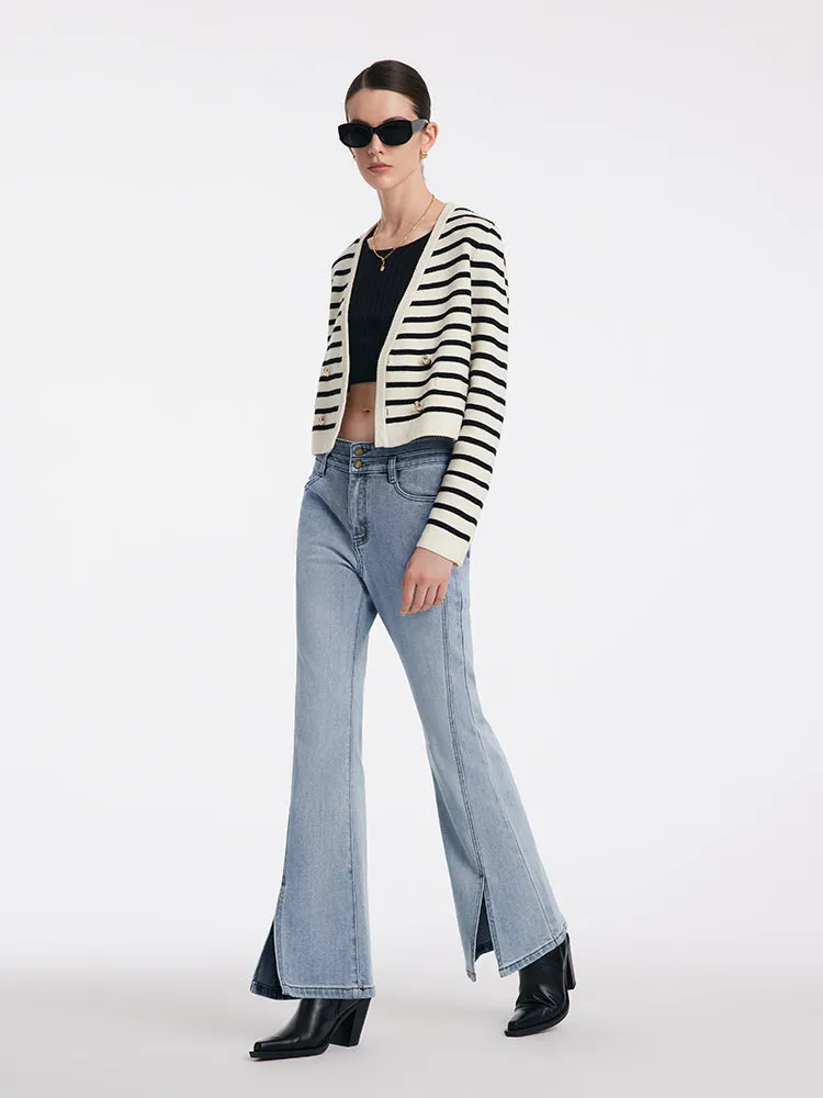 V-Neck Striped Double-Breasted Knitted Cardigan sold by Goelia product image thumbnail 3